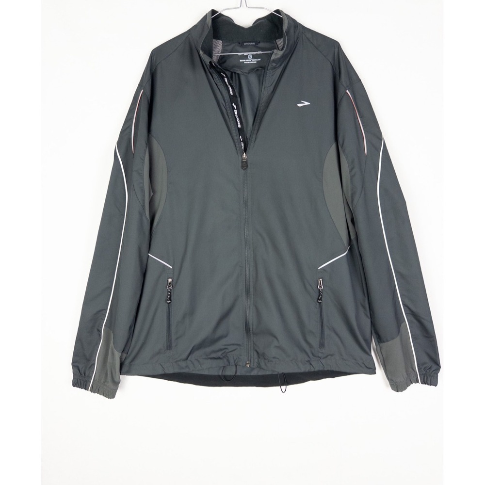 Brooks Windbreaker Jacket Mens L Gray‎ Full Zip Logo Pockets Running Lightweight